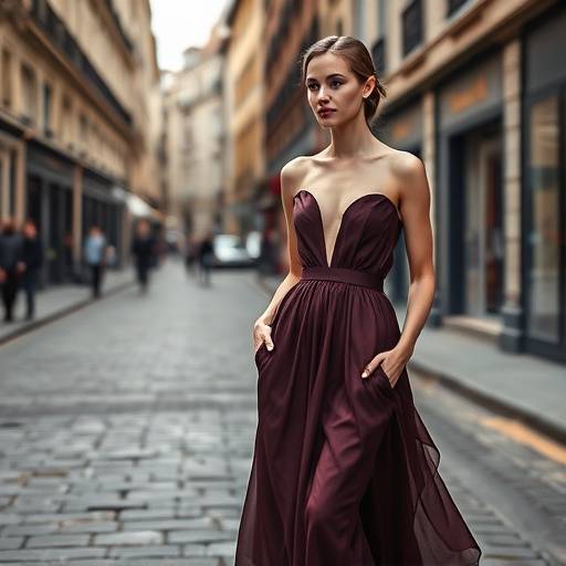 Photo de mode d'une mannequin portant une robe haute couture dans les rues de Bordeaux, avec un éclairage professionnel.