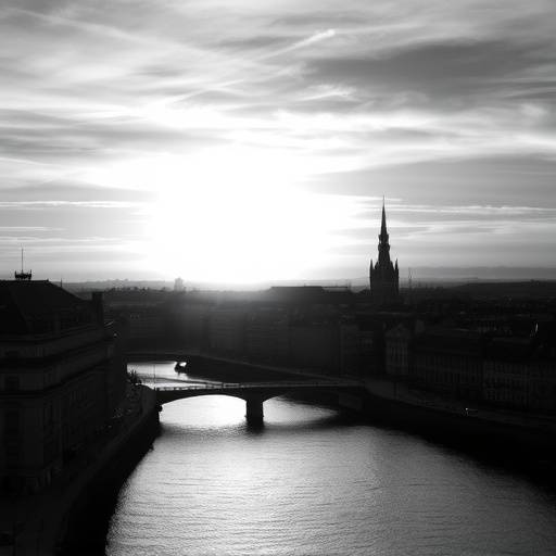 Photographie en noir et blanc d'un paysage urbain de Bordeaux au coucher du soleil.