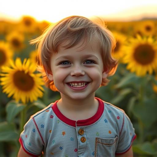 Portrait en couleur d'un enfant riant dans un champ de tournesols.